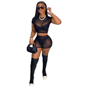 New Sexy Casual Sports Shorts Womens Mesh  2 Piece Outfit Two Piece Sets