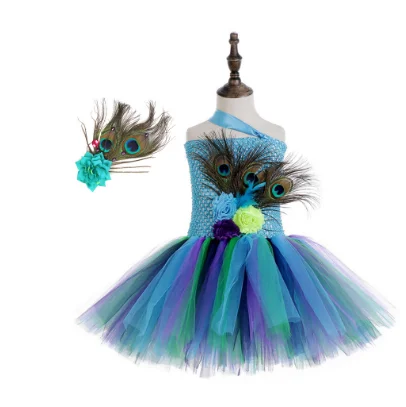 Flower Girl Peacock Princess Costume Deluxe Sleeveless Mesh Tutu Dress  Bubble Skirt for Kids Party Christmas Halloween Purple