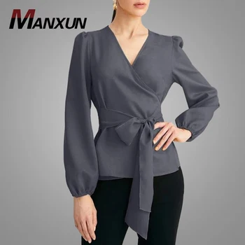 Solid Color Front Belted Blouse V - neck Slimming Office Ladies Tops Lantern Sleeve Tops & Blouses Ladies Waist Down Blouses