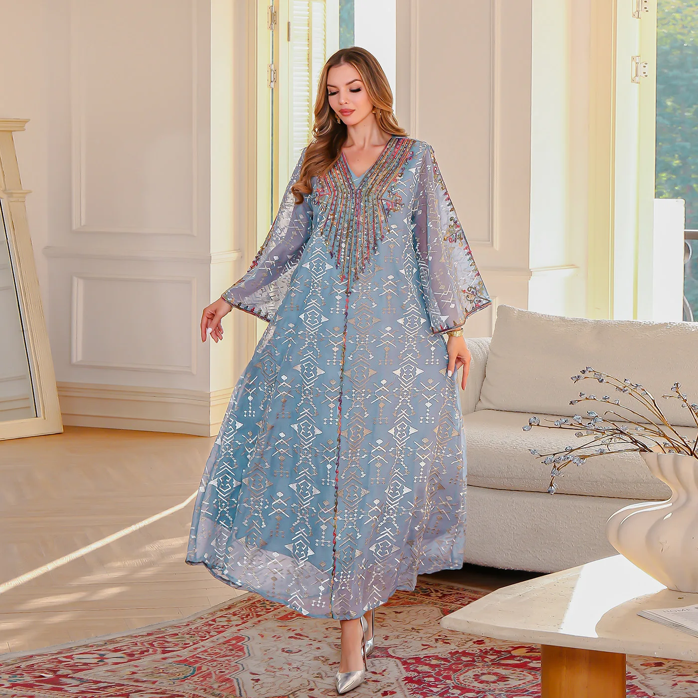 Floral Embroidered Beaded Kaftan V-Neck Long Sleeves Maxi Dress Dubai  Luxury Abaya Women Muslim Dress Jalabiya Caftans