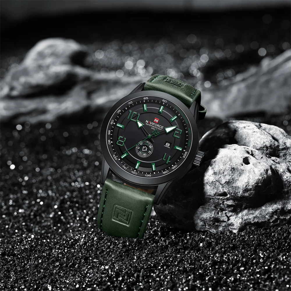 時計 NAVIFORCE 9229 Green Leather Strap Quartz Watches for Men