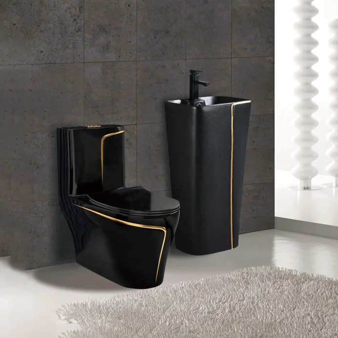 Sanitary ware suit bathroom commode wc and pedestal basin luxury ceramic black color toilet set one piece toilet bowl supplier