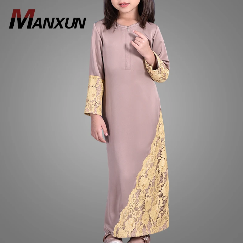 Wholesale Lace Applique Muslim Kids Abaya Newest Saudi Arabic Girls Dress High Quality Islamic Kaftans Jilbab Malaysia Clothing