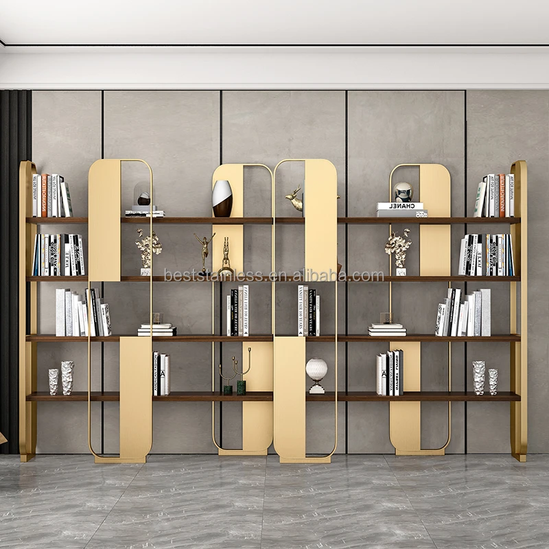 Book Shelves Frame Decoration Bookshelf Tall White Home Office Bookcase Gold Stainless Steel Modern Wooden Case Customized