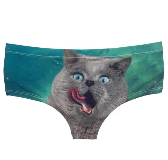 New 3D Cat Middle Waist Sexy Girl Underwear Cartoon Ice Silk Printed Cat  Head Briefs Meow Star Man Thong Panties Underwear Women 