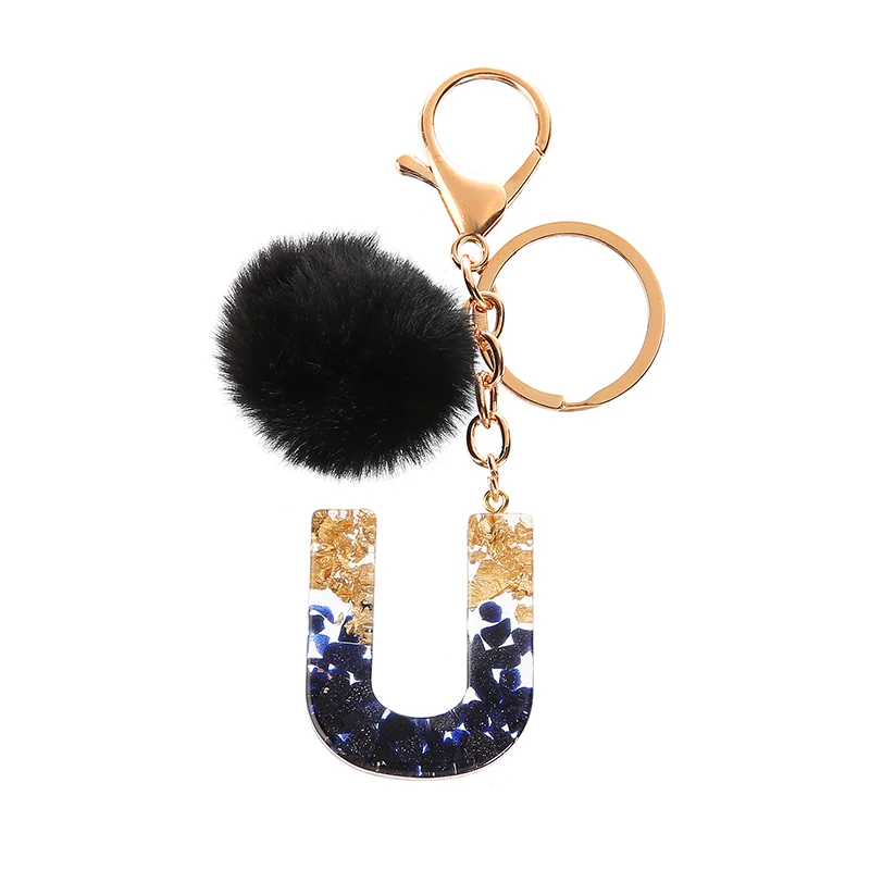 wiwjygz 1pc Black Pompom Letter Keychain English Alphabet Keyring Glitter Gradient Resin Car Mirror