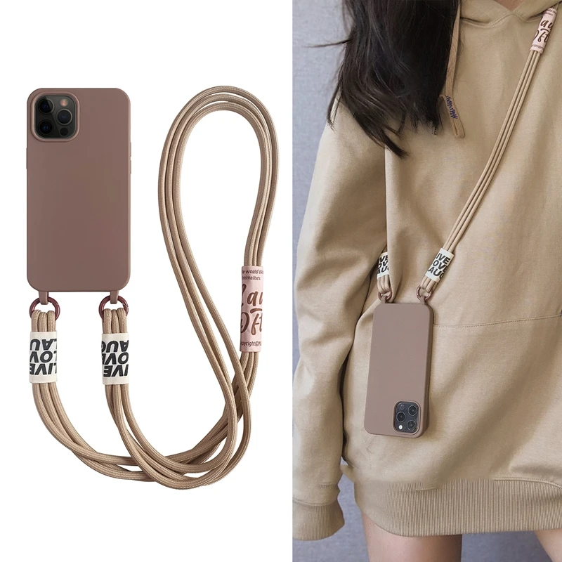 Custom Logo Crossbody Lanyard Cord Strap Soft Phone Case for iPhone 13 11 12 14 Pro Max 15 Plus Necklace Strap Silicone Cover