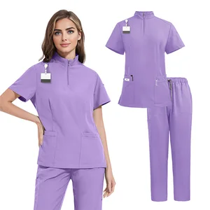Custom Logo Unisex Knitted Zipper Pocket Moisture Absorption Stand-Neck Four Season Soft Elastic Scrub Uniform Set for Hospital