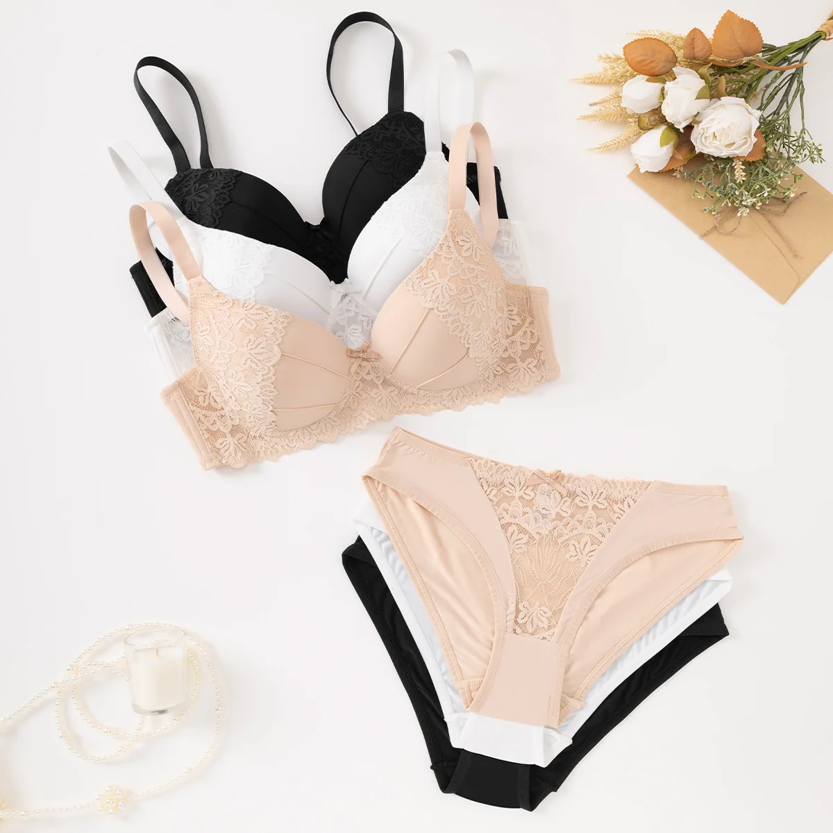 High Quality Lace Design Sewing Bra Set Gathering Push up Wonder Underwear Highly Elastic Panty and Bra Set for Women Ladies