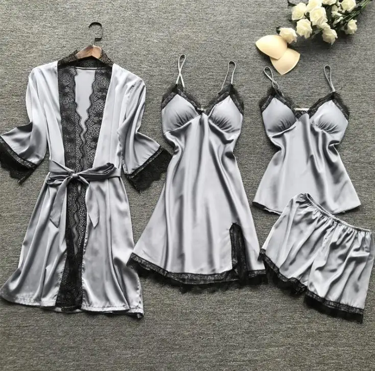 SAPJON Satijn Zijde Pyjama voor Dames 4-delig met Rimpelkraag en Korte Mouwen, Shorts, Nachtkleding, Button-Down Set, Loungewear