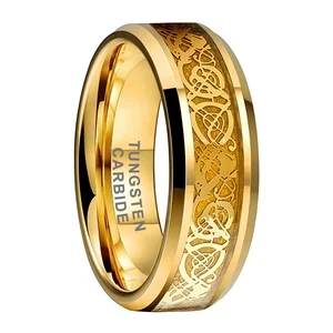 Coolstyle Jewelry 8mm Dragon Inlay Polished Shiny Gold Tungsten Carbide Rings for Men Women Engagement Wedding Band Comfort Fit