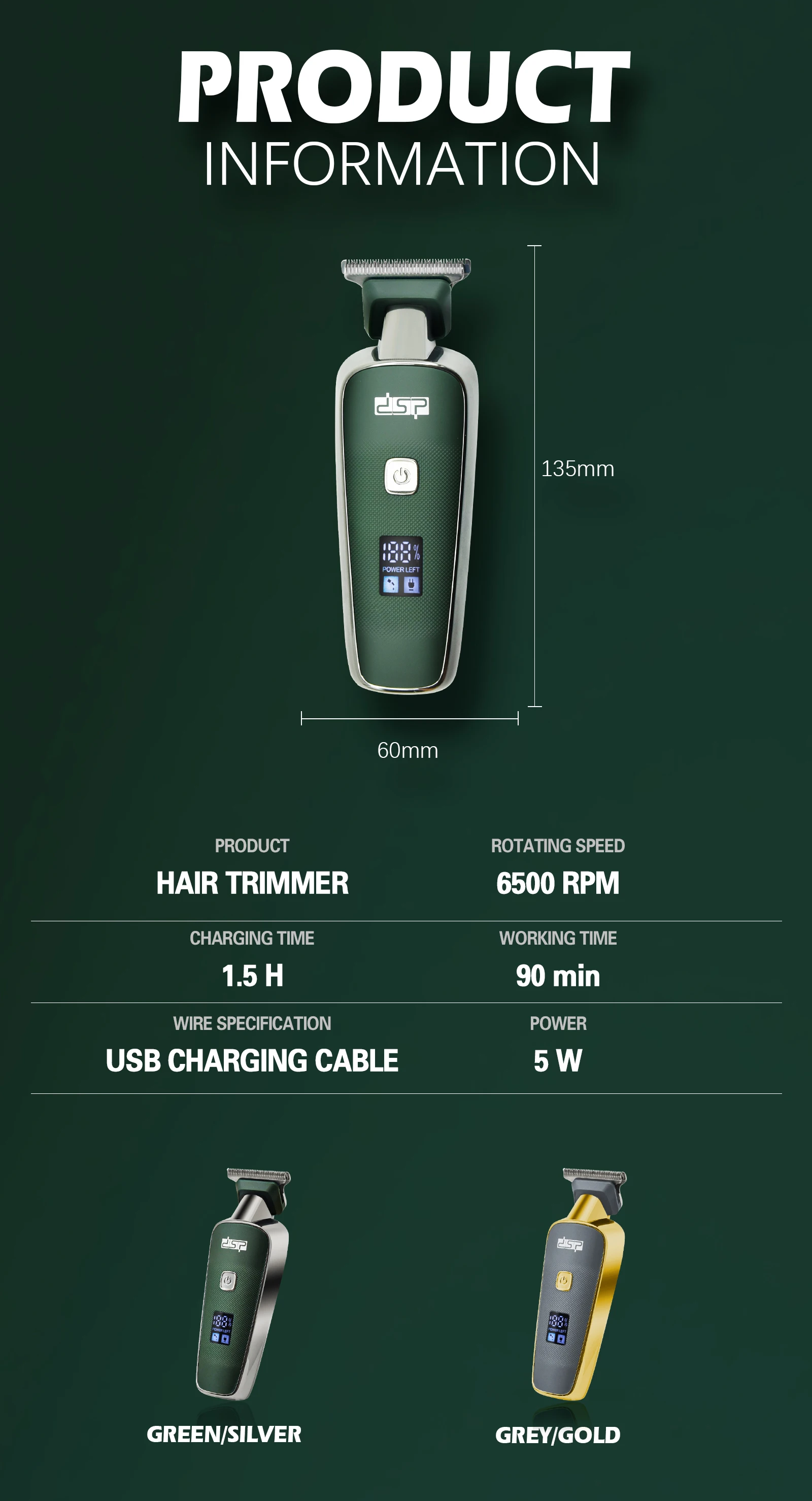 DSP Barber Professional LED Digital Display Electric Hair Clipper Plug and Play USB Rechargeable Cordless Hair Trimmer