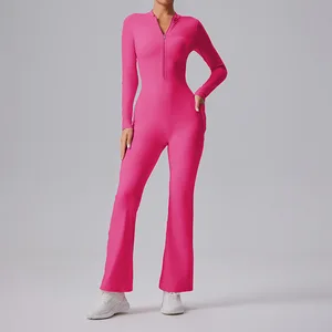 Pocket Zipper Long-sleeved Jumpsuit; Dance Fitness Sport Bell-bottom Jumpsuit; Tight Yoga Suit.
