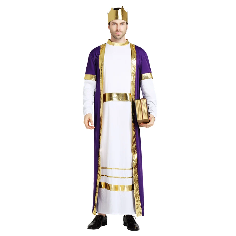 Men Luxury Arabian King Robe Costume for Halloween Cosplay Party White and Purple Dress up with King Headband