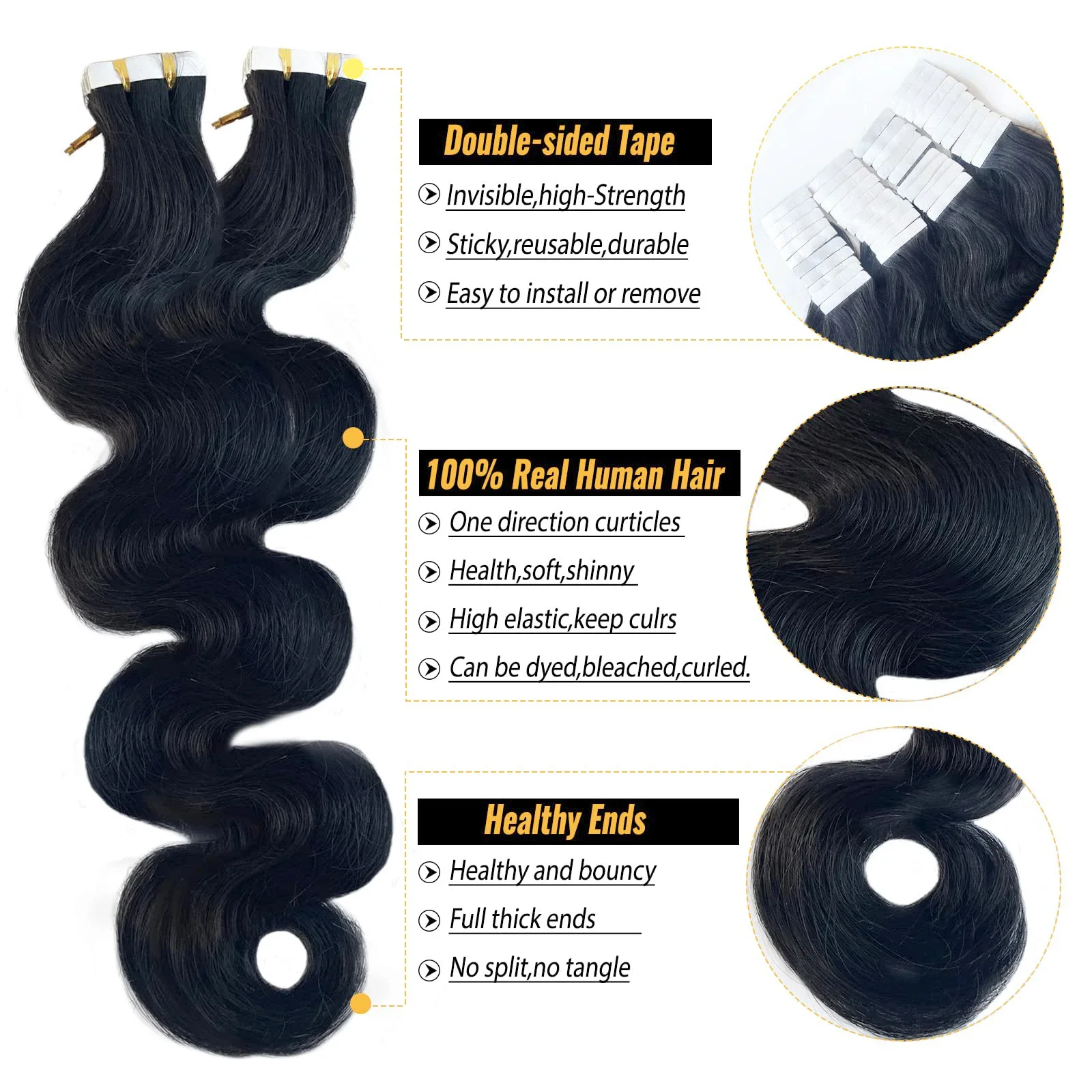 Fita Body Wave em extensão de cabelo humano cor natural Remy trama adesiva alta qualidade #1B para salão_voghion.com