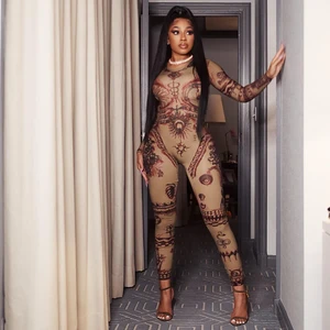 Casual Fashion Party New Women's Bodycon Long Sleeve O-Neck Printed Retro Tight Bodycon Jumpsuit Cami Jumpsuit