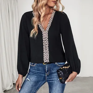 For the autumn of 2025, women's long-sleeved commuter shirts, V-neck leopard print patchwork tops, and office pullover shirts