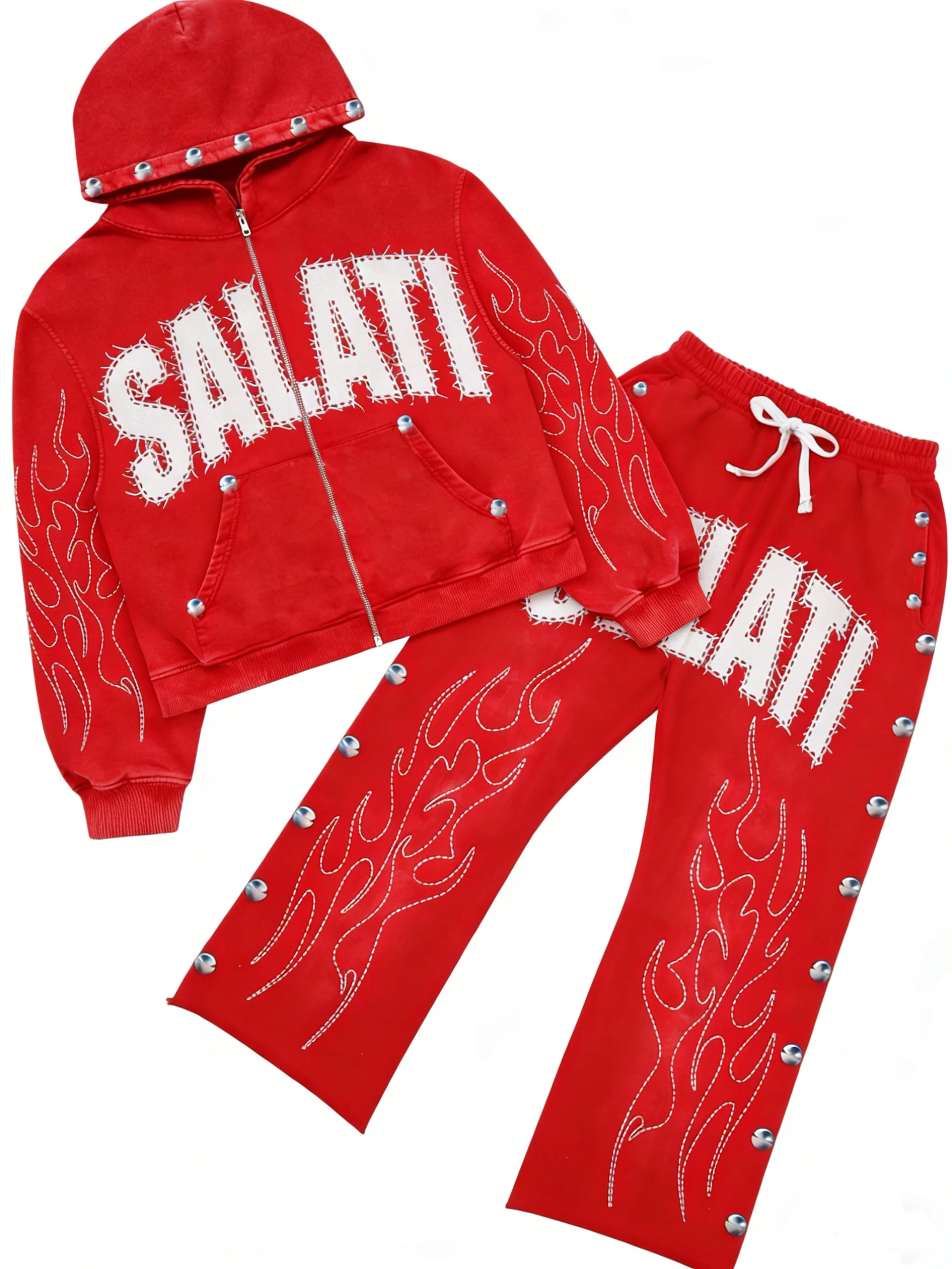 SALATI Custom Cotton Tracksuits Sweatpants and Hoodie Men Streetwear Acid Wash Distressing Embroidery Rhinestone Sweatsuit Set