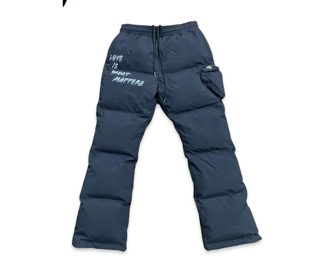 Custom Screen Print Cotton Fleece Baggy Thermal Heart Pocket Winter Skate Snow Bubble Women Unisex Down Puffer Pants for Men gallery 3