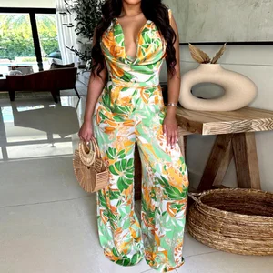GX20151 Fashion Summer Women Clothing Boutique Bodysuit Sleeveless Printed Wide Leg One Piece Jumpsuit