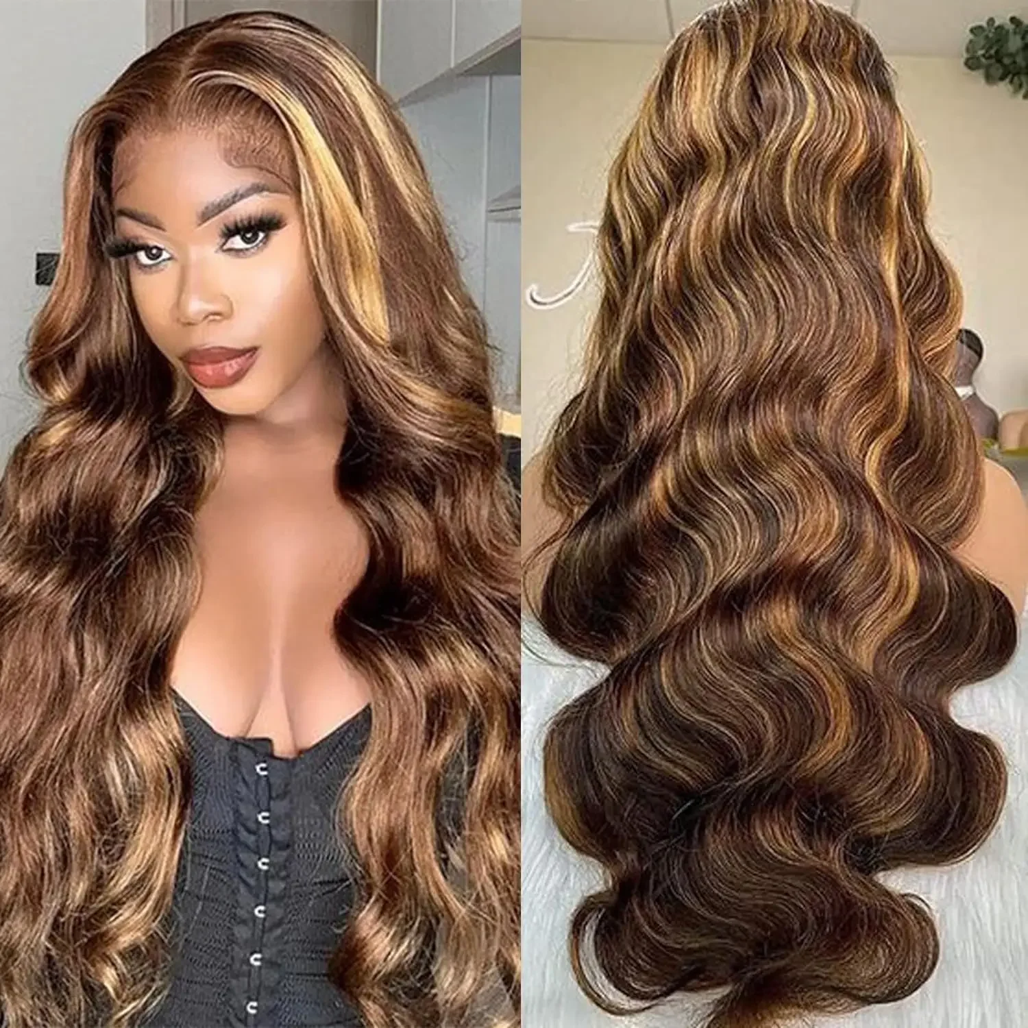 Parrucca frontale in pizzo trasparente con onde del corpo HD 13x4, capelli umani, parrucca frontale in pizzo biondo miele colorato 4/27 per donne, 30 pollici_voghion.com