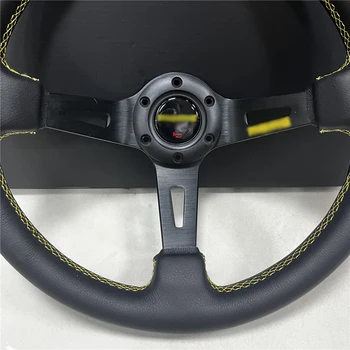 For MOMO 350mm 14-Inch Sport Steering Wheel Yellow Stitching Genuine Leather with 90mm Deep Cone and Black Spoke for Cars