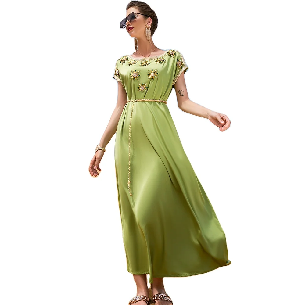 Good Selling Avocado Green Satin Heavy Industry Hand-stitched Diamond Short  Sleeve Vintage Dress Style