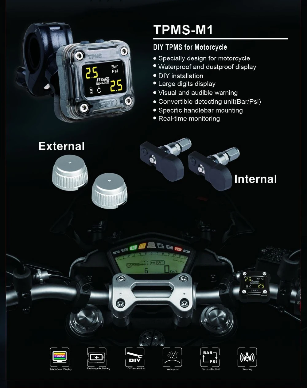 SPY Waterproof Tire Pressure Monitoring System External Sensor Motorcycle Tpms for Motorcycle