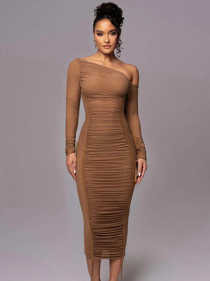RedPeony Women Two Layer Mesh Backless Ruched Bodycon Club Party Sexy Long Dress Diagonal Collar Long Sleeve Midi Dress
