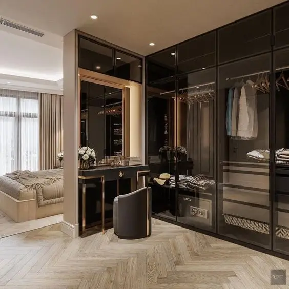 Custom Design Modern Luxury Style Open Door Wardrobe Glass Door Closet with Make up Vanity