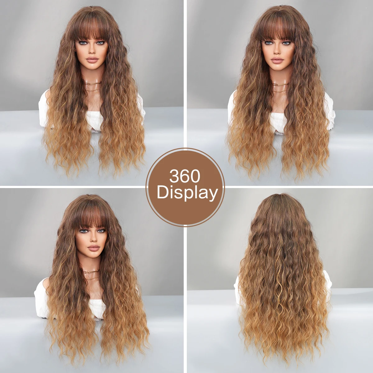 Long Ombre Curly Wig with Bangs Natural Synthetic Hair Daily Use 22-24 Inch Cap Wholesale Machine Wig with Bangs - Long Wavy Ombre Light  main image 4