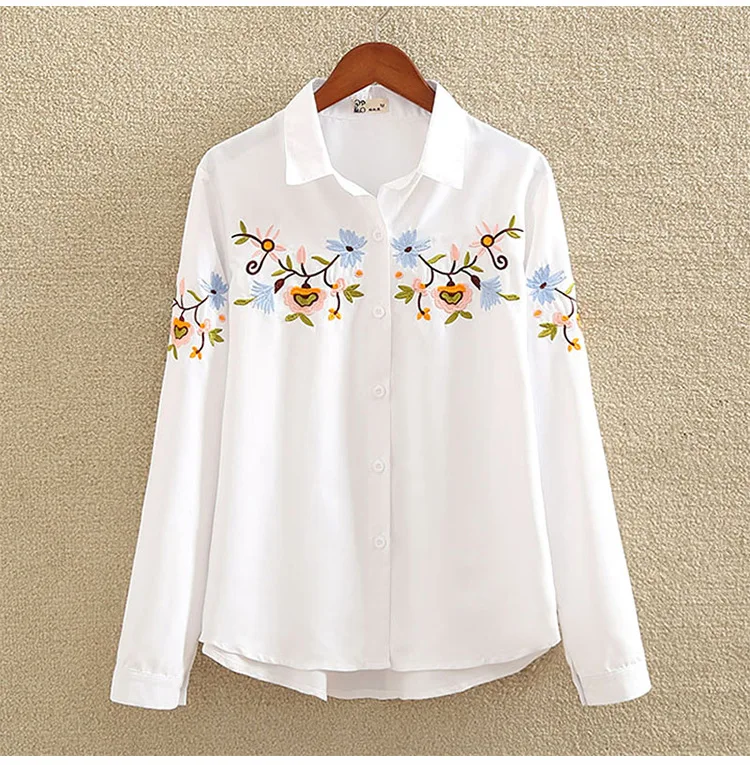 Plus Size S-5xl White Shirt Women Turn-down Collar Embroidery Long ...