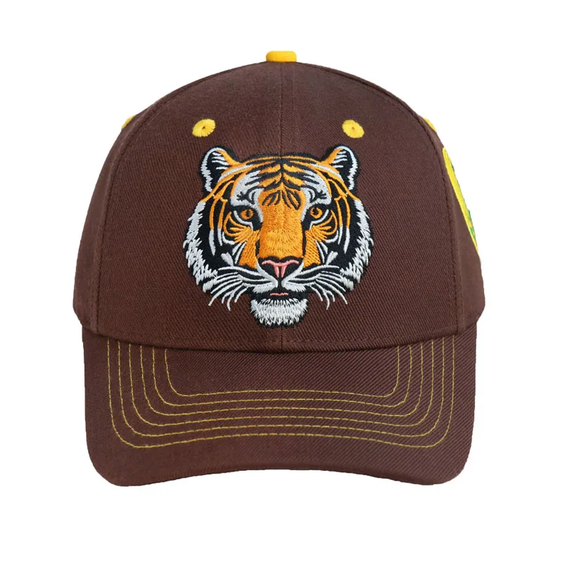 Custom Brown 6-Panel Structured Cotton Baseball Cap Street Style Snapback Hat with Tiger Embroidery Logo and Curved Brim