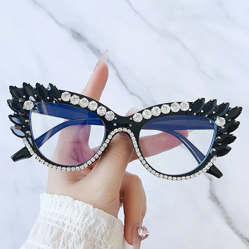Blue Light Cat Eye Glasses With Crystals Retro Cat Eye Women