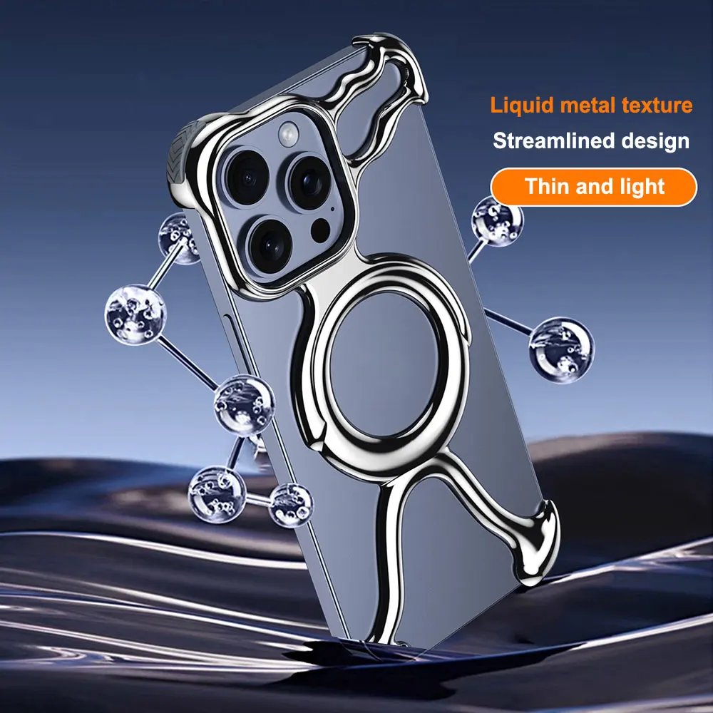 Laudtec Sjk708 Liquid Metal Mobile Phone Case Hollow Out Magnetic Stand Luxury For Iphone 16 15 14 13 12 11 Plus Pro Max