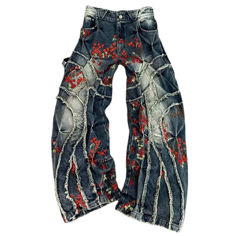Salati Custom Y2K Streetwear Cotton Embroidery Wash Vintage Wide Leg Flared Oversized Denim Pants Baggy Jeans for Men