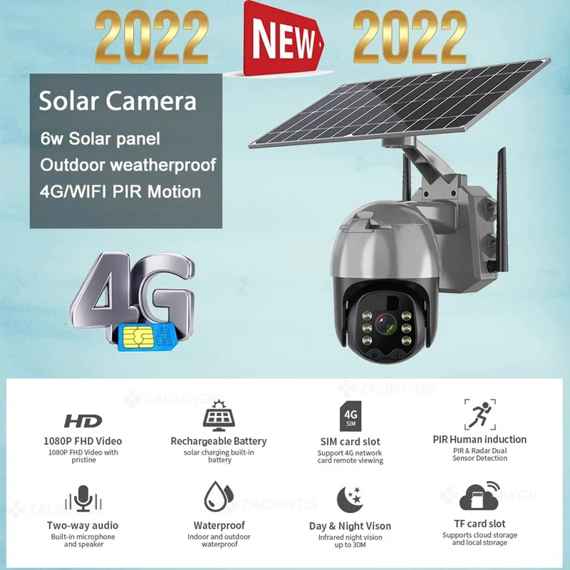 Shenzhen Factory WiFi Wireless Solar Power Camera 4G Sim Card Slot CCTV Security IP Camera Outdoor Support 128 Memory Card