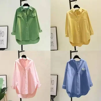 Ladies New Casual Loose Cotton Shirts Long Sleeve Women's solid color Blouse Shirt Top Blouses