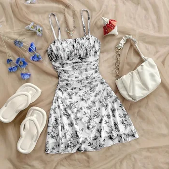 Women's Summer Vacation Beach Party Outfit Dress Floral Mesh Spaghetti Strap Dress Pastel Flowy Sundress