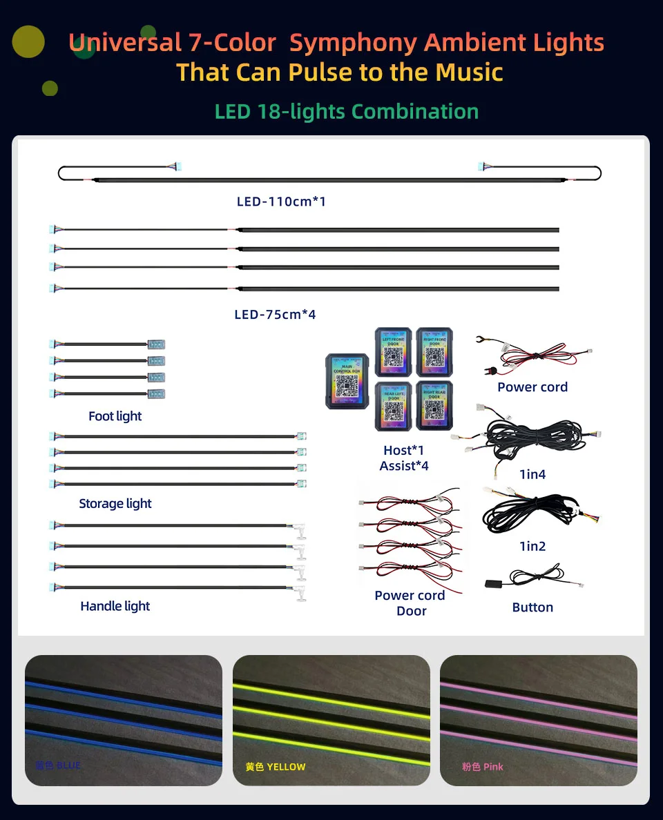 Car Ambient Light Kit 18 in 1 LED Interior Lights, Easy Installation 64 ...
