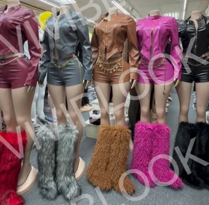 Viviblook Z107ST Women's Leather Stand Collar Zipper Jacket Long Sleeved Top Mini Shorts Moto Biker MatchingTwo-piece Set