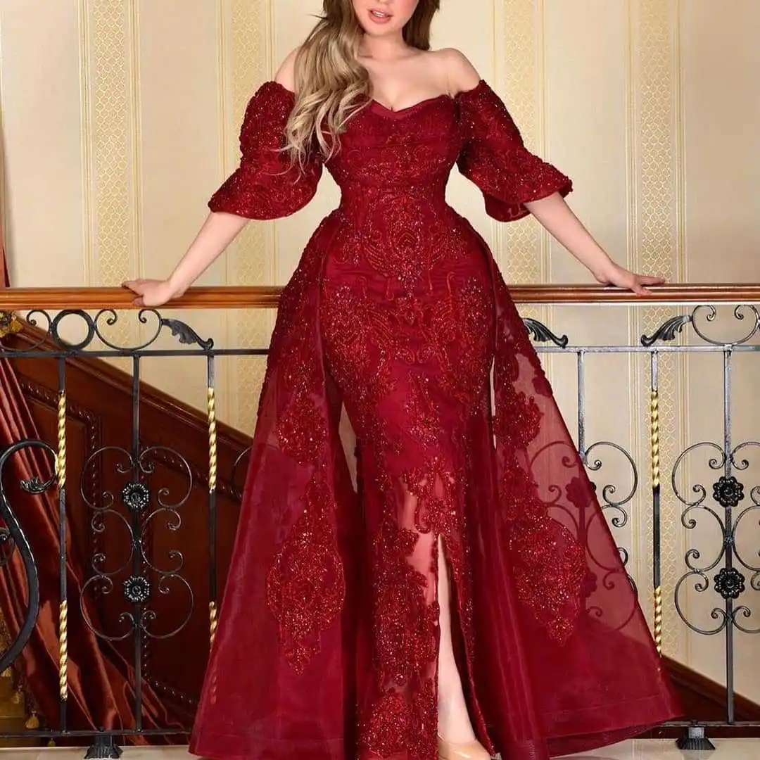 Wine Red Prom Long Sleeve Evening Dress ...