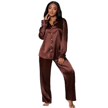 Solid Button Up Silk Pyjamas Blouse & Pants Women Designer Custom Luxury Satin Pajamas