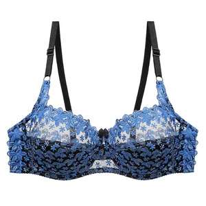 Sexy See Through Lingerie Bras Blue Lace Floral Underwire Big Half Cup Size Bra