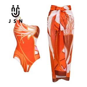JSN  V-neck Bow Tie One Piece Swimsuit One Shoulder Metal Buckle Leaf Print Swimwear Woman