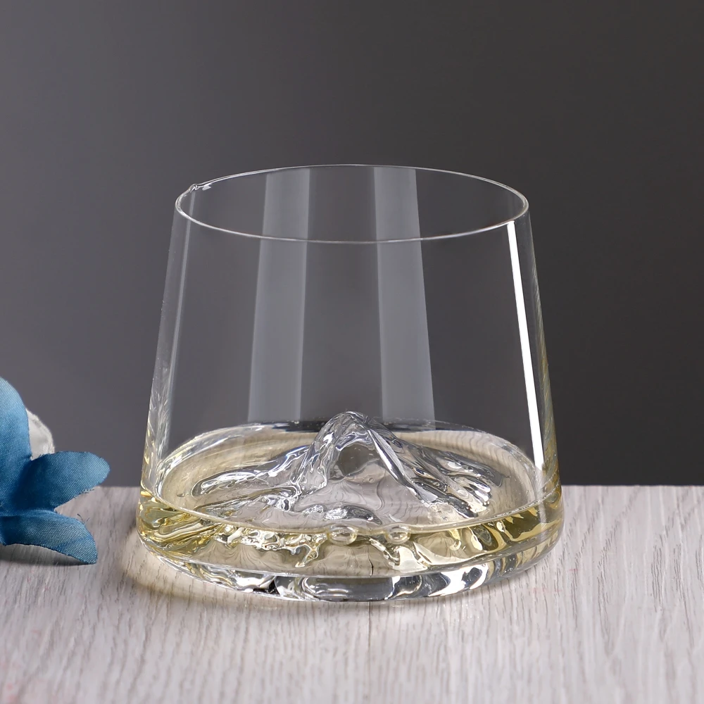 OEM ODM Custom Hand Blown Lead Free Crystal Borosilicate Glass Volcano Style Whiskey Rocks Glass with 3D Mountain Base