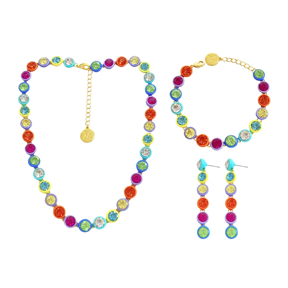 2026HotSaleCustomized Gold Plated Rhinestone Jewelry Set Colorful Costing Drop Earrings Necklace Bracelet for Women for Weddings