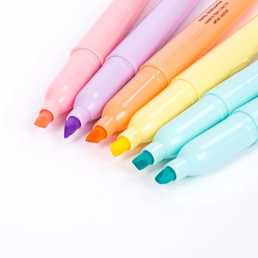 Wholesale 6pcs/set light color and eye protection highlighter marker pen with soft head for DIY making and stationery suppliers