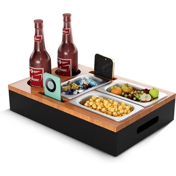 Solid Wood Drink Storage Box Snacks Tray Couch Caddy Bamboo Sofa Arm Tray with Removable Lid