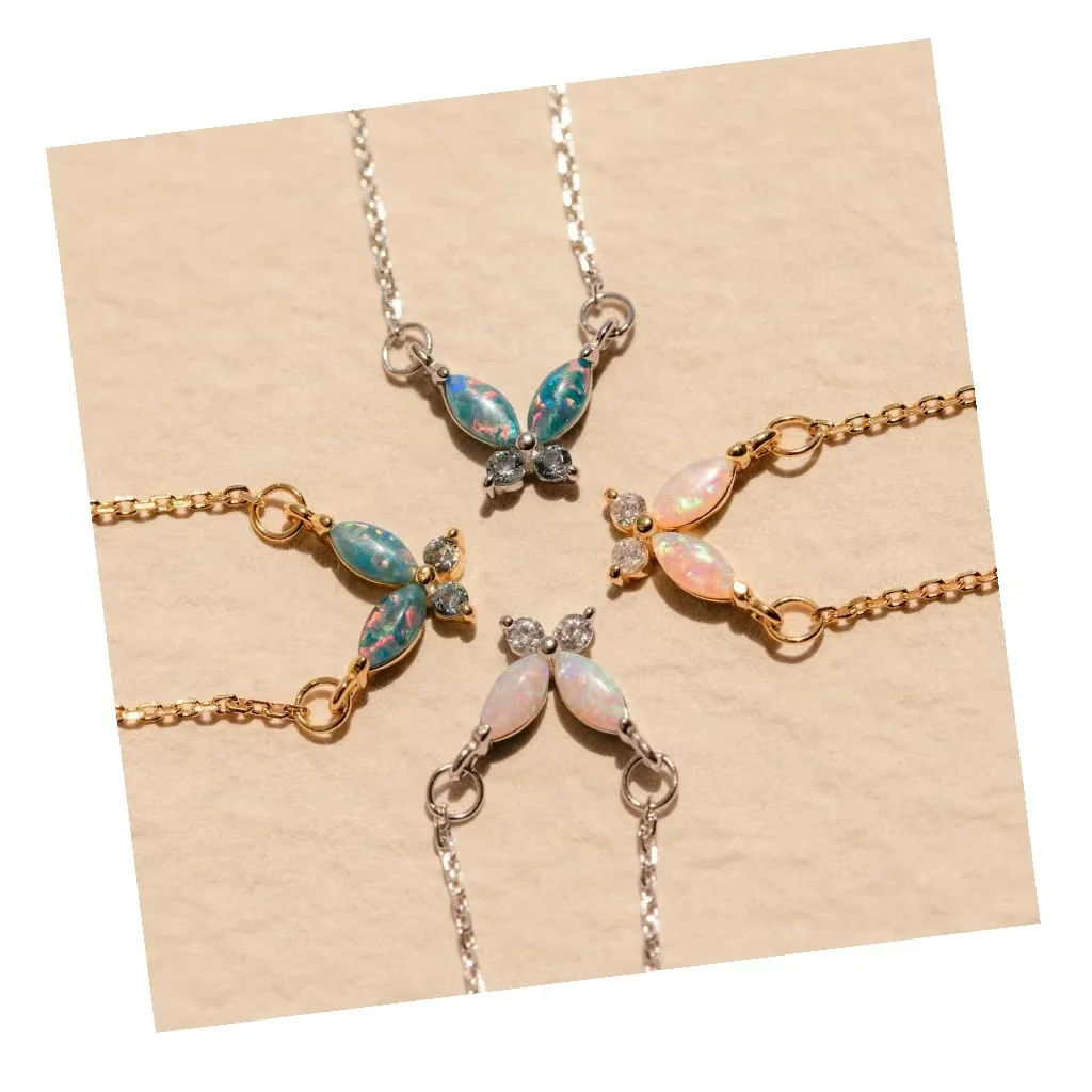 Fashion Luxury Crystal Opal Butterfly Pendant Necklaces Stainless